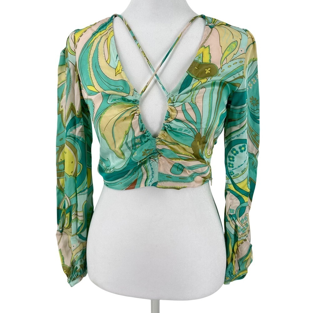 Zara The Holly‎ Top Floral Print Criss Cross Long Sleeve Crop Top XS
